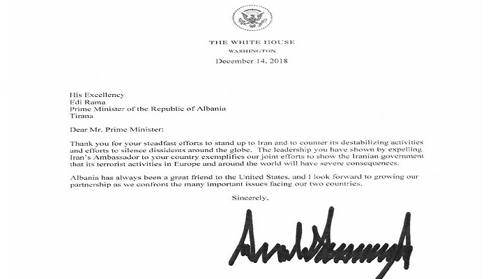 The U.S. President's letter to Edi Ram, Albania's PM in support of expelling Iranian regime's diplomat terrorists
