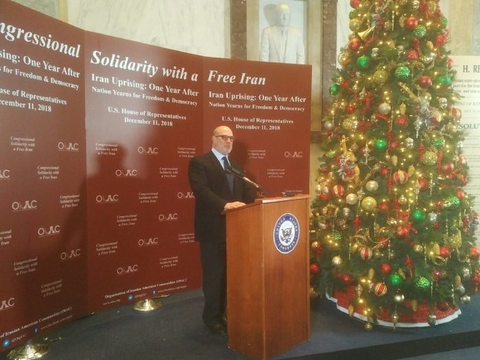 Ambassador Adam Ereli welcoming the guests in the Iranian opposition ceremony at the Hill.