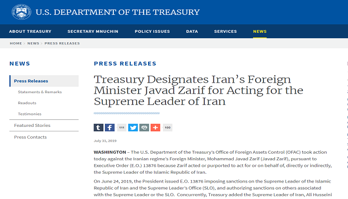 The U.S. Treasury department sanctions Javad Zarif