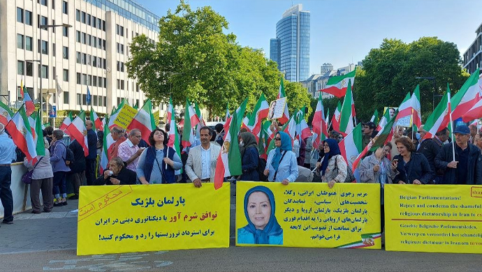 Iranian expatriates in Europe protesting Belgium's planned treaty to exchange prisoners with the Iranian regime that would render the release of a convicted terrorist of Tehran