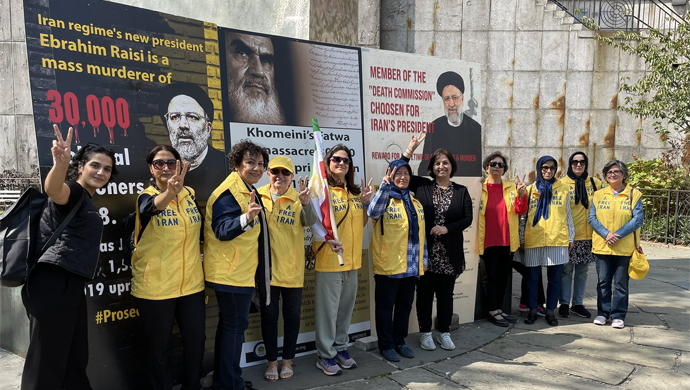 Freedom loving Iranians and supporters of the Iranian opposition PMOIMEK rallying in New York and condemning the murder of Mahsa Amini by regime ruling Iran – September 18, 2022