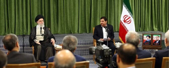 Iranian state television aired images of Supreme Leader Ali Khamenei meeting with members of Ebrahim Raisi’s cabinet.