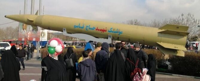 The ‘Haj Qasem’ ballistic missile on display during the state-staged march in Tehran on February 10, 2025