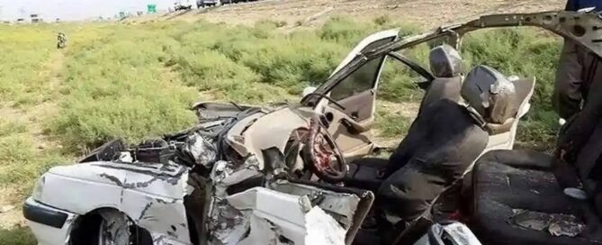 Wreckage of a fatal car crash on an Iranian highway, highlighting the country’s alarming road safety crisis