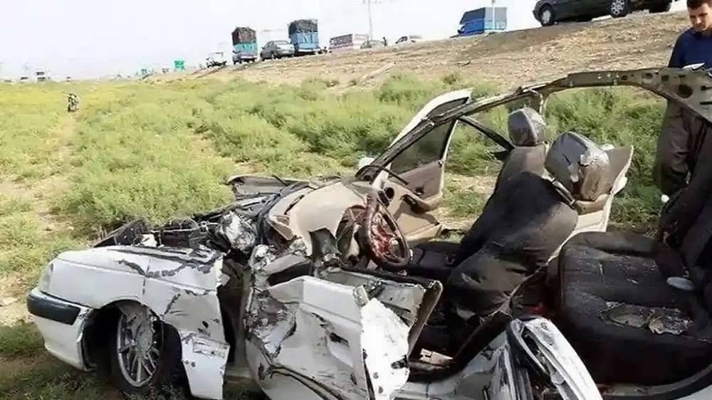 Wreckage of a fatal car crash on an Iranian highway, highlighting the country’s alarming road safety crisis